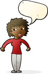 cartoon woman shrugging shoulders with speech bubble