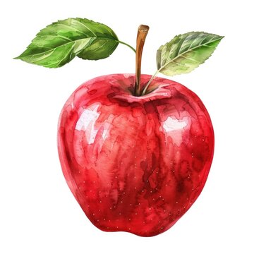 A striking watercolor illustration of a ripe apple with a vibrant green leaf