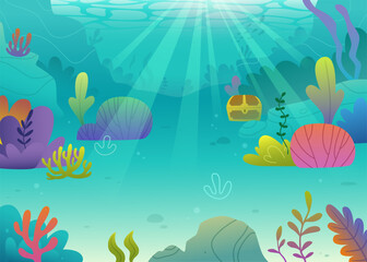 Naklejka na ściany i meble Cartoon seascape background with colorful algae. Tropical vector seabed. Bright underwater view.
