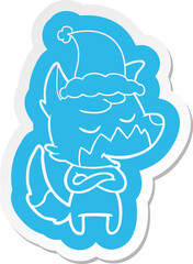 friendly quirky cartoon  sticker of a fox wearing santa hat