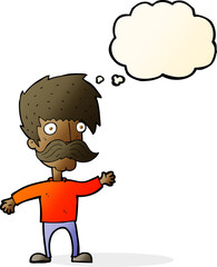 cartoon man with mustache waving with thought bubble