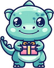 Baby dinosaur character holding a gift box,