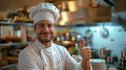 Handsome young chef looking at camera and showing thumb up