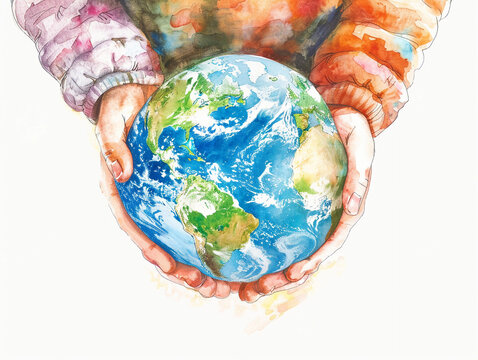 Hands of a child with watercolor holding the earth. Concept of future, education, environment, sustainability and ecology. Earth Day 