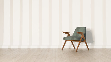 a chair sitting in a room with a wall behind it - obrazy, fototapety, plakaty