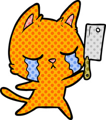crying cartoon cat with cleaver