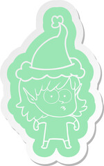 quirky cartoon  sticker of a elf girl staring wearing santa hat