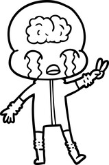cartoon big brain alien crying and giving peace sign