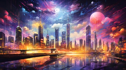 Night city panorama with skyscrapers and bridge. Digital painting