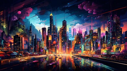 Night city panorama with high skyscrapers and street lights. Illustration