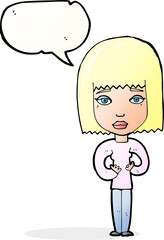 cartoon woman indicating self with speech bubble