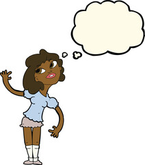 cartoon woman waving with thought bubble