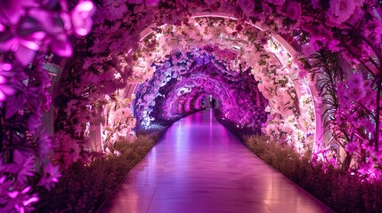 Floral decorative tunnel with neon lighting