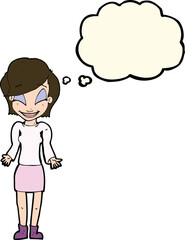 cartoon happy woman shrugging shoulders with thought bubble