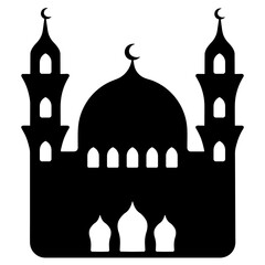 A mosque with minarets on the sides. Silhouette. Buildings with arched windows and doors. Vector illustration. Muslim prayer architectural structure. Outline on isolated background. Three towers 