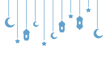 Blue garland for Ramadan. Crescent, star, lantern and Moroccan candlesticks. Color vector illustration. Outline on isolated background. Festive curtains on threads of different lengths. Doodle style. 