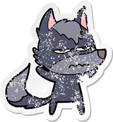 distressed sticker of a cartoon annoyed wolf