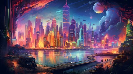 Panoramic view of the city at night. Illustration.