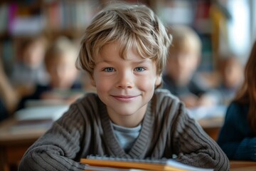 Boy sitting at a desk at school. A schoolboy sitting at a desk in a classroom.