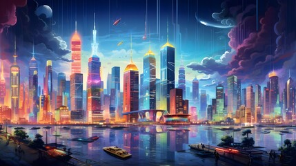Panoramic view of the city at night. Vector illustration.