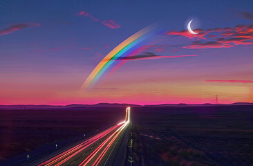 road with power lines, rainbow light streaks coming from them in the sky, crescent moon in background