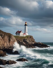 Fototapeta na wymiar A serene lighthouse stands tall on rugged cliffs as powerful waves crash against the shore, under the watchful gaze of a tumultuous sky