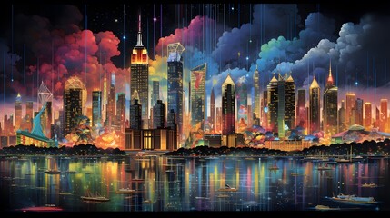 Illustration of the night city and its reflection in the water.