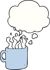 cartoon hot cup of coffee with thought bubble
