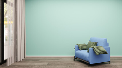 a blue chair with pillows in a room