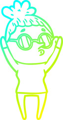 cold gradient line drawing of a cartoon woman wearing glasses
