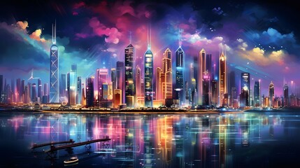 Dubai skyline at night, United Arab Emirates. Panorama.