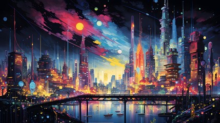 Cityscape with skyscrapers and bridge at night, panorama