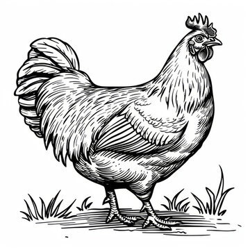 recommend clip art: Intricate black and white sketch of a rooster, showcasing detailed feathers and a proud stance in a stylized illustration.