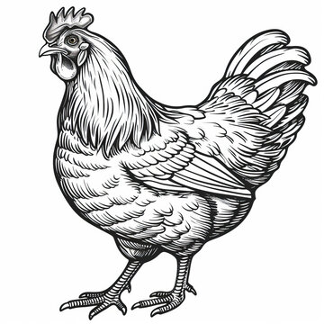 recommend clip art: Intricate black and white sketch of a rooster, showcasing detailed feathers and a proud stance in a stylized illustration.