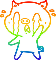 rainbow gradient line drawing of a crying pig cartoon
