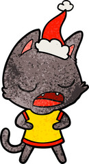 talking cat hand drawn textured cartoon of a wearing santa hat