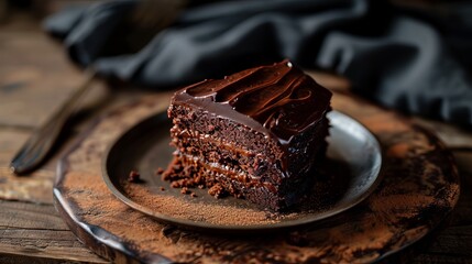 Delectable Slice of Chocolate Cake with Creamy Frosting on a Wooden Plate, Ready to be Enjoyed