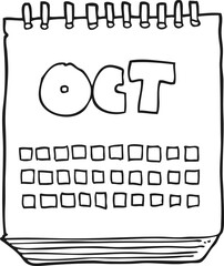 freehand drawn black and white cartoon calendar showing month of october