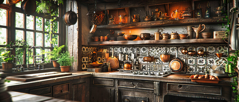 Traditional Kitchen with a Rustic Charm, Featuring Vintage Cooking Equipment and Wooden Decor