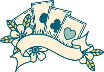 iconic tattoo style image of cards and banner
