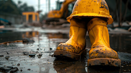 A close up photo of a worn yellow color safety hard hat on top a pair of hard boots, on the ground of a muddy construction site, wet ground.