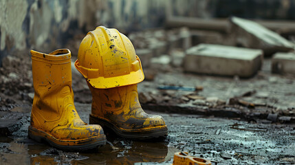 A well worn yellow hardhat and a pair of yellow boots on a wet construction ground