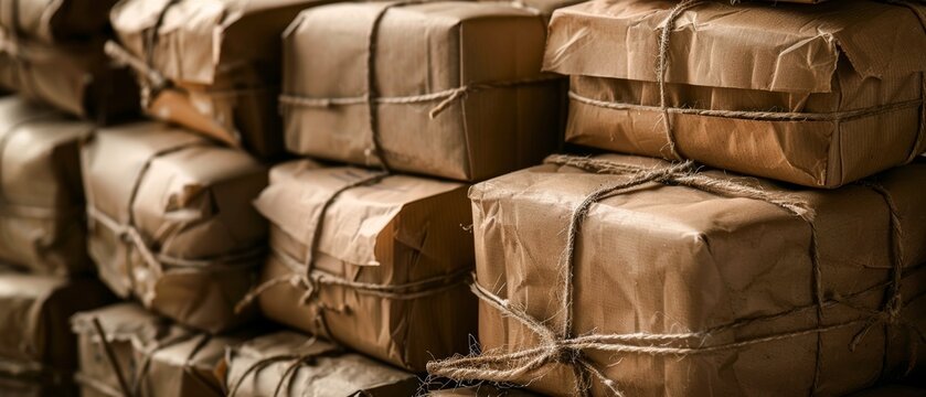 Stacks of bound cardboard boxes ready for dispatch in an industrial warehouse setting, showing supply chain efficiency.
