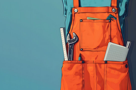 An orange overall with tools in its fronts pockets , a practical outfit for a handyman, labor day background image with copy space