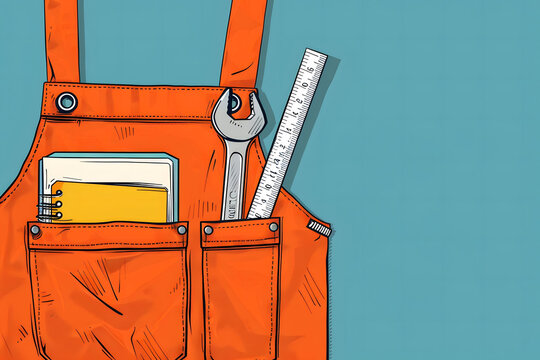 An orange color apron of a worker with a spanner, ruler and a note book in its front pockets, labor day background image with copy space