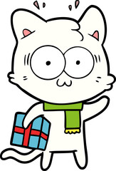 cartoon surprised cat with christmas present