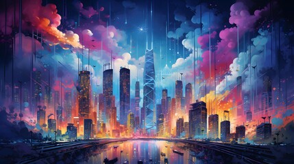 Cityscape at night with neon lights. Panoramic illustration.