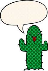 cartoon cactus with speech bubble in comic book style