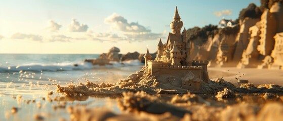 A majestic sandcastle with elegant towers stands on the beach, its details highlighted by the golden rays of a setting sun against a backdrop of gentle waves. - obrazy, fototapety, plakaty