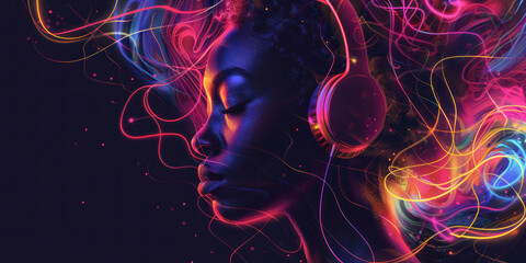 Music Vibes: Neon Beat Flow. A portrait of a woman lost in music, with vibrant neon light trails symbolizing the rhythm flowing around her in a dynamic display of color and energy.	

